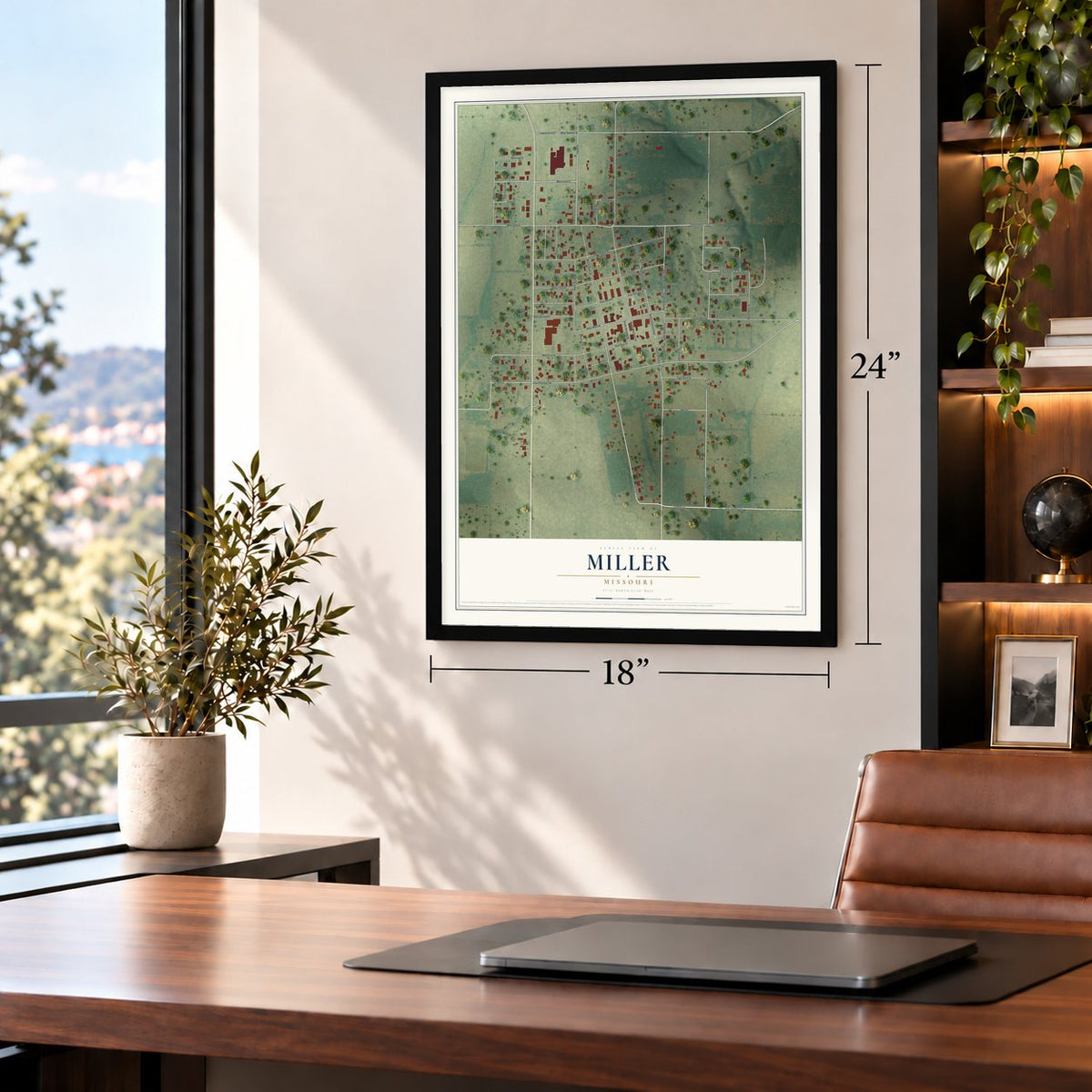 Miller, Missouri map, 18 x 24 inch print in a black frame in a home office