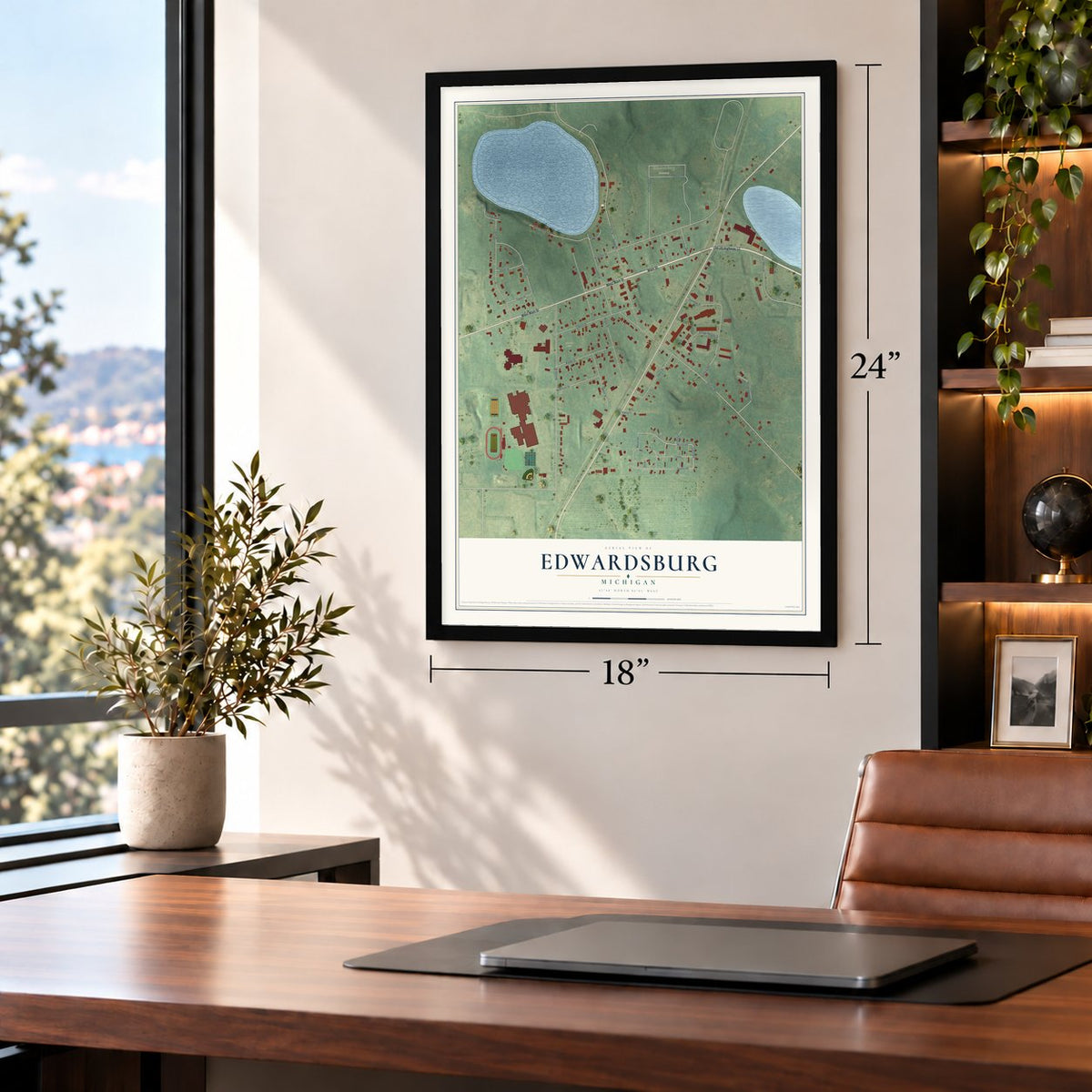 Edwardsburg, Michigan map, 18 x 24 inch print in a black frame in a home office