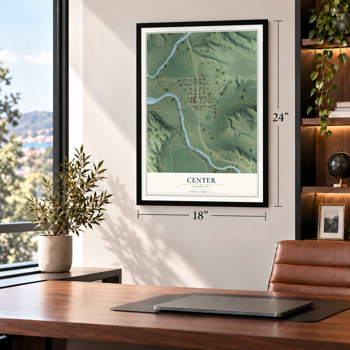 Center, Nebraska map, 18 x 24 inch print in a black frame in a home office