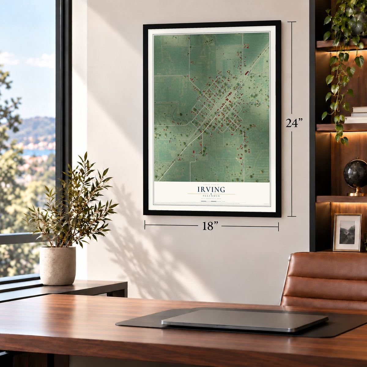Irving, Illinois map, 18 x 24 inch print in a black frame in a home office