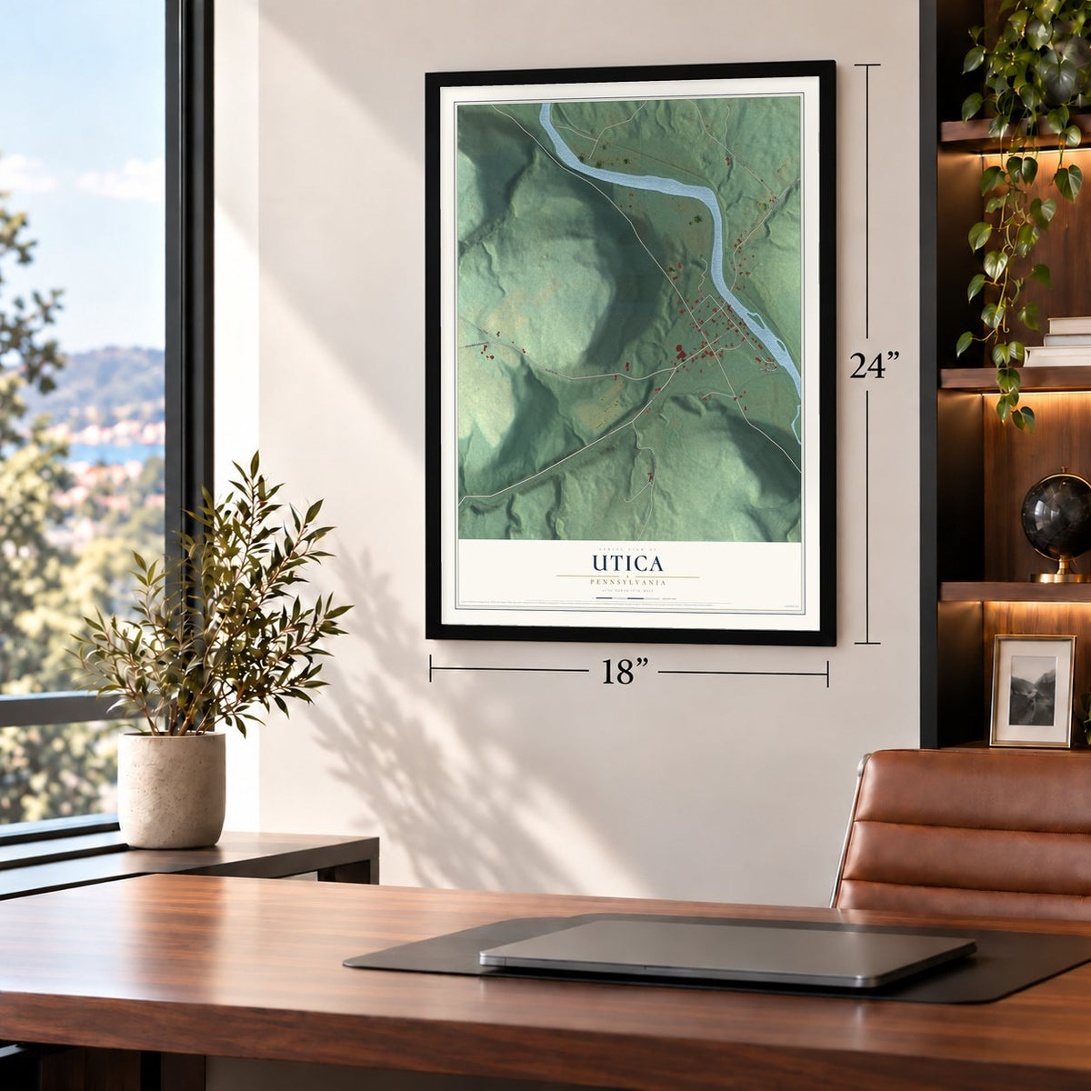 Utica, Pennsylvania map, 18 x 24 inch print in a black frame in a home office