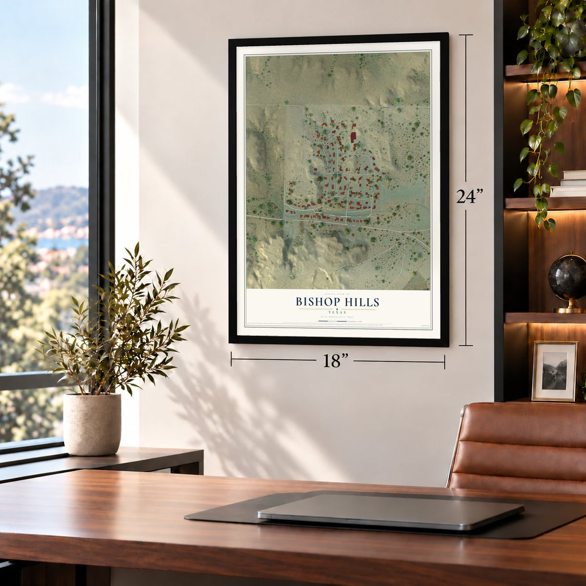 Bishop Hills, Texas map, 18 x 24 inch print in a black frame in a home office