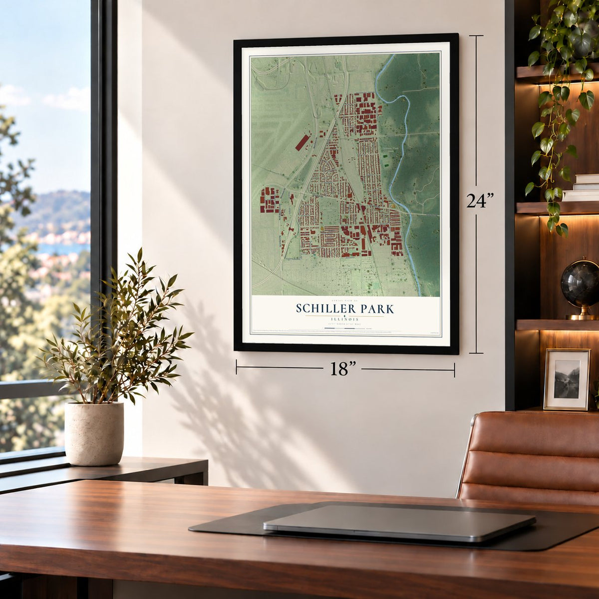 Schiller Park, Illinois map, 18 x 24 inch print in a black frame in a home office