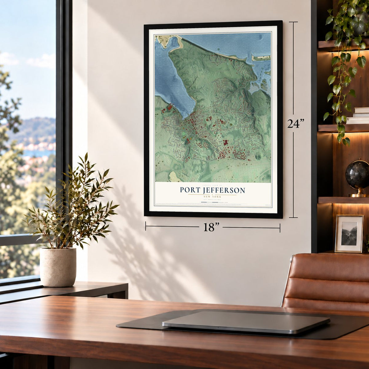 Port Jefferson, New York map, 18 x 24 inch print in a black frame in a home office