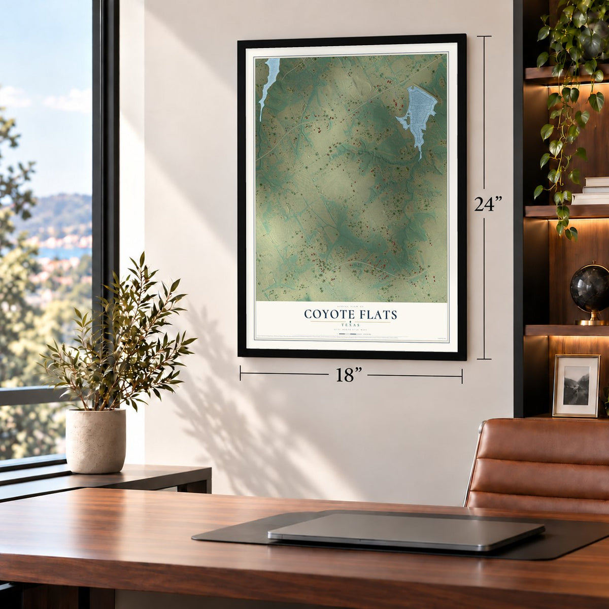 Coyote Flats, Texas map, 18 x 24 inch print in a black frame in a home office