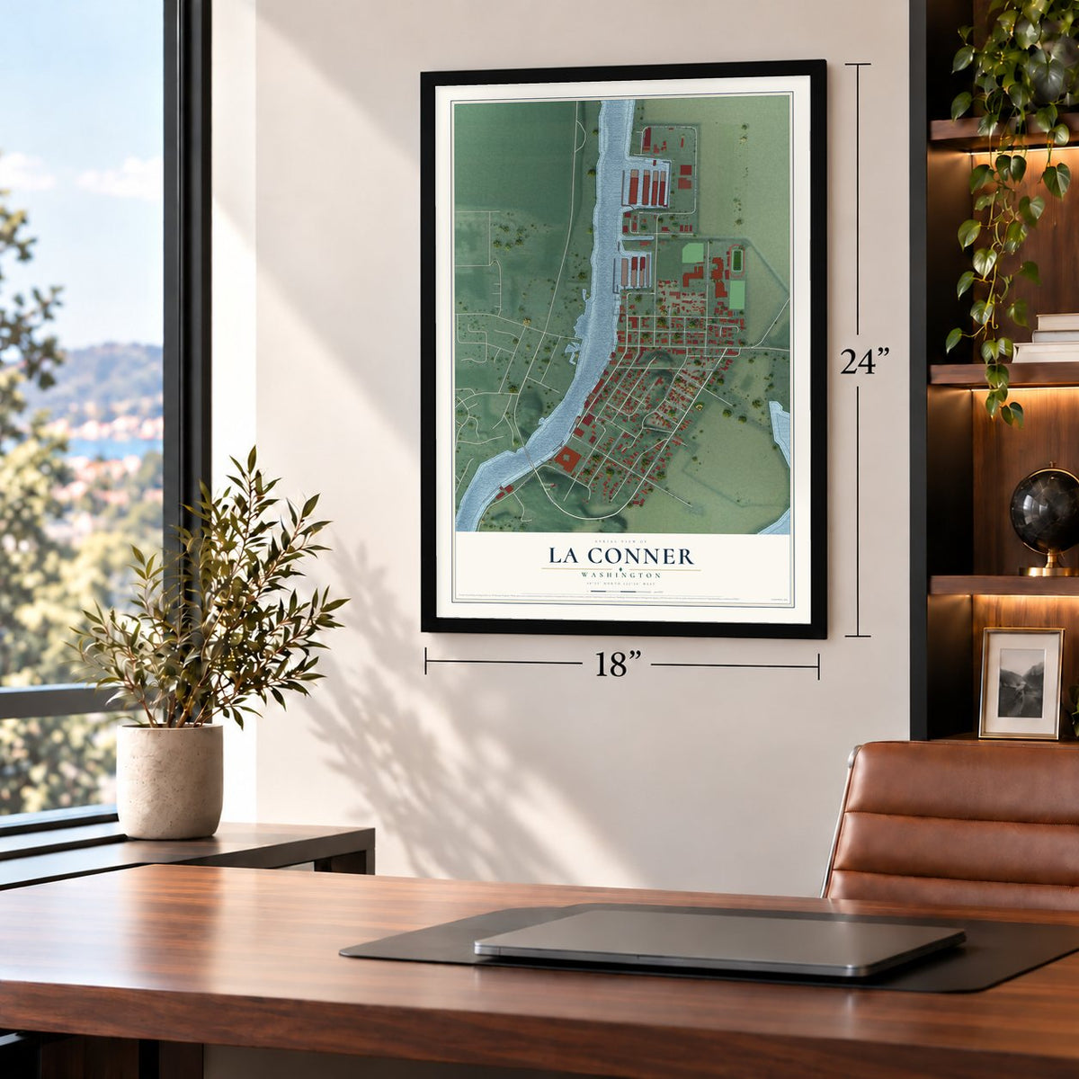 La Conner, Washington map, 18 x 24 inch print in a black frame in a home office