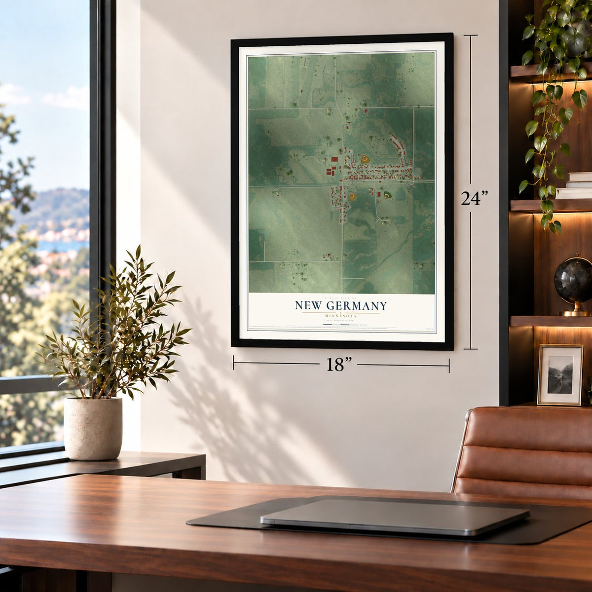 New Germany, Minnesota map, 18 x 24 inch print in a black frame in a home office