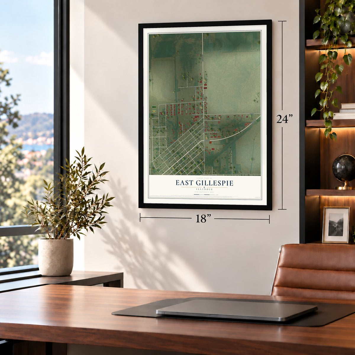 East Gillespie, Illinois map, 18 x 24 inch print in a black frame in a home office