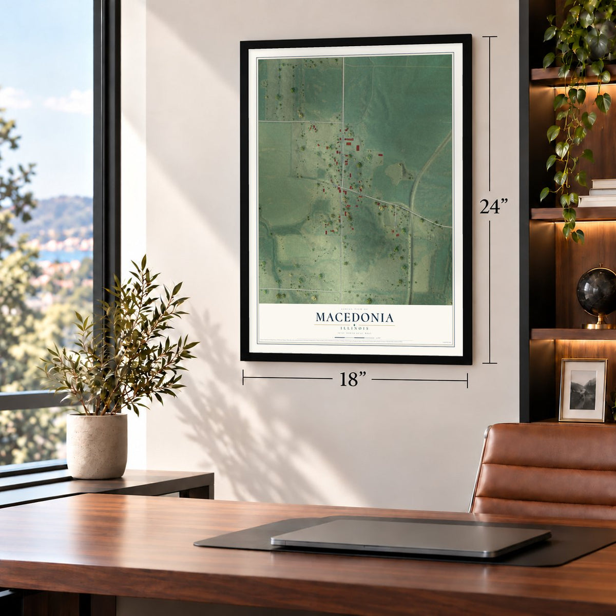 Macedonia, Illinois map, 18 x 24 inch print in a black frame in a home office