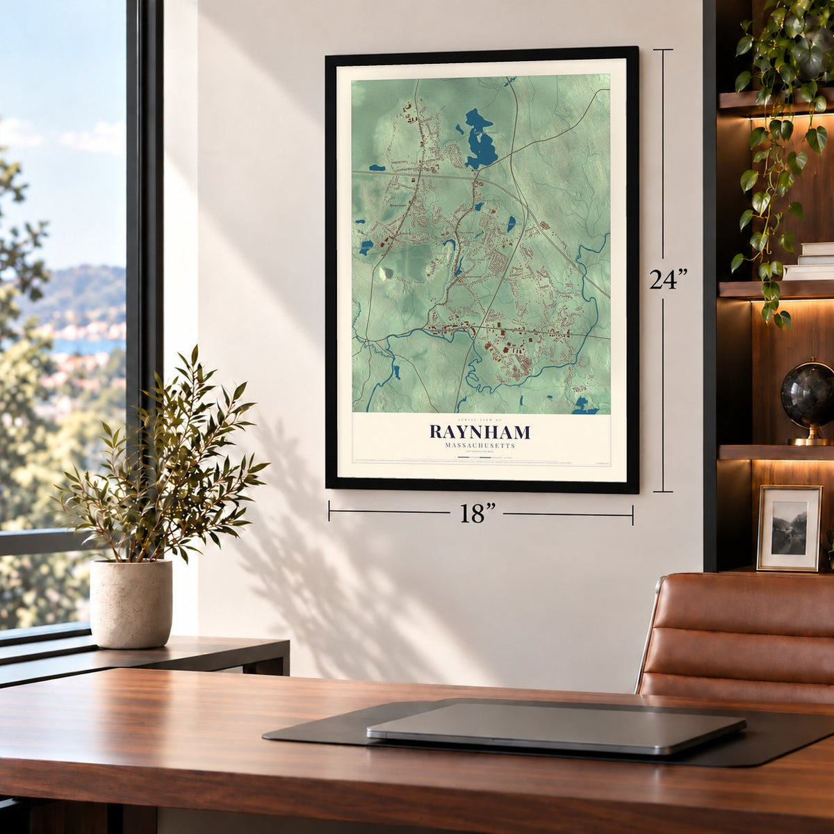 Raynham, Massachusetts map, 18 x 24 inch print in a black frame in a home office