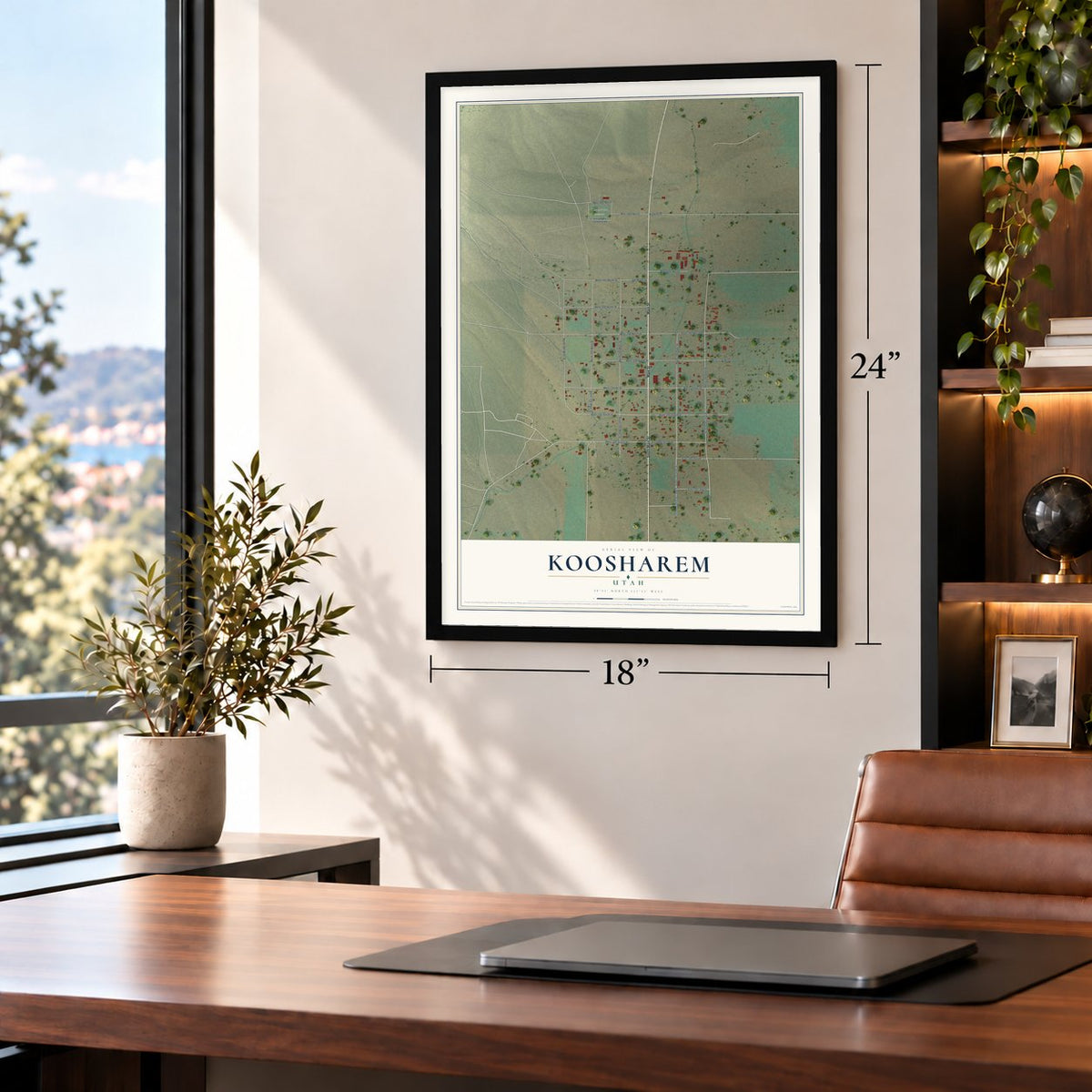 Koosharem, Utah map, 18 x 24 inch print in a black frame in a home office