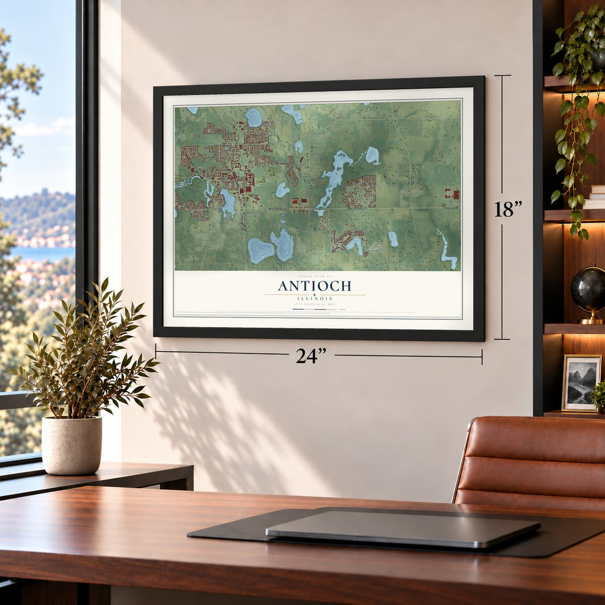 Antioch, Illinois map, 18 x 24 inch print in a black frame in a home office