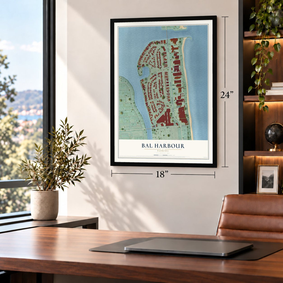 Bal Harbour, Florida map, 18 x 24 inch print in a black frame in a home office