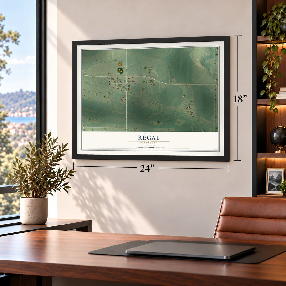 Regal, Minnesota map, 18 x 24 inch print in a black frame in a home office