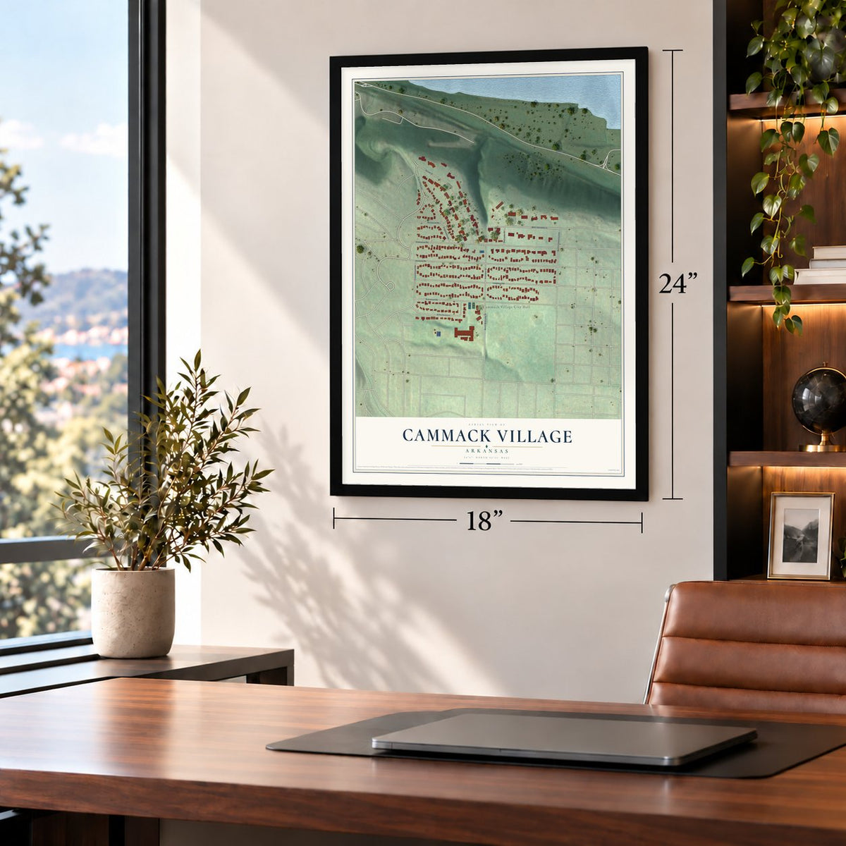 Cammack Village, Arkansas map, 18 x 24 inch print in a black frame in a home office
