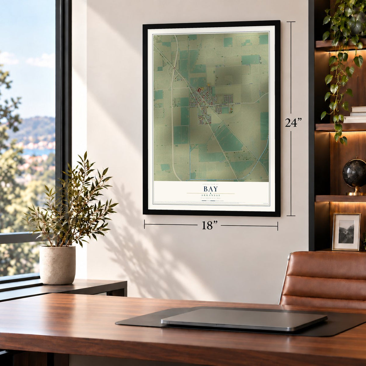 Bay, Arkansas map, 18 x 24 inch print in a black frame in a home office