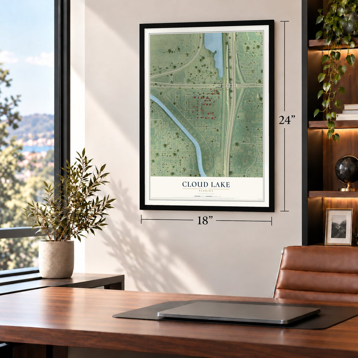 Cloud Lake, Florida map, 18 x 24 inch print in a black frame in a home office