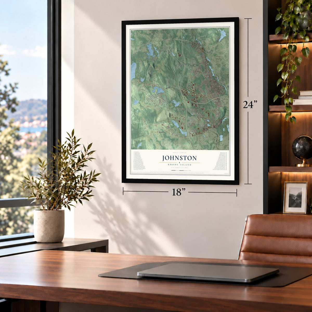 Johnston, Rhode Island map, 18 x 24 inch print in a black frame in a home office