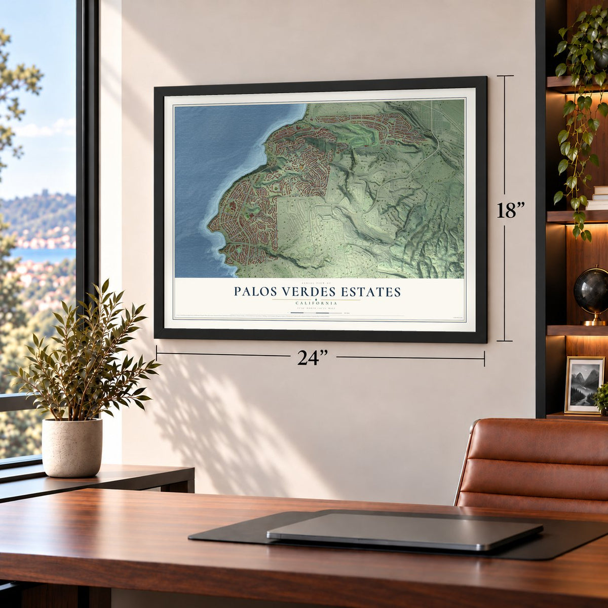 Palos Verdes Estates, California map, 18 x 24 inch print in a black frame in a home office