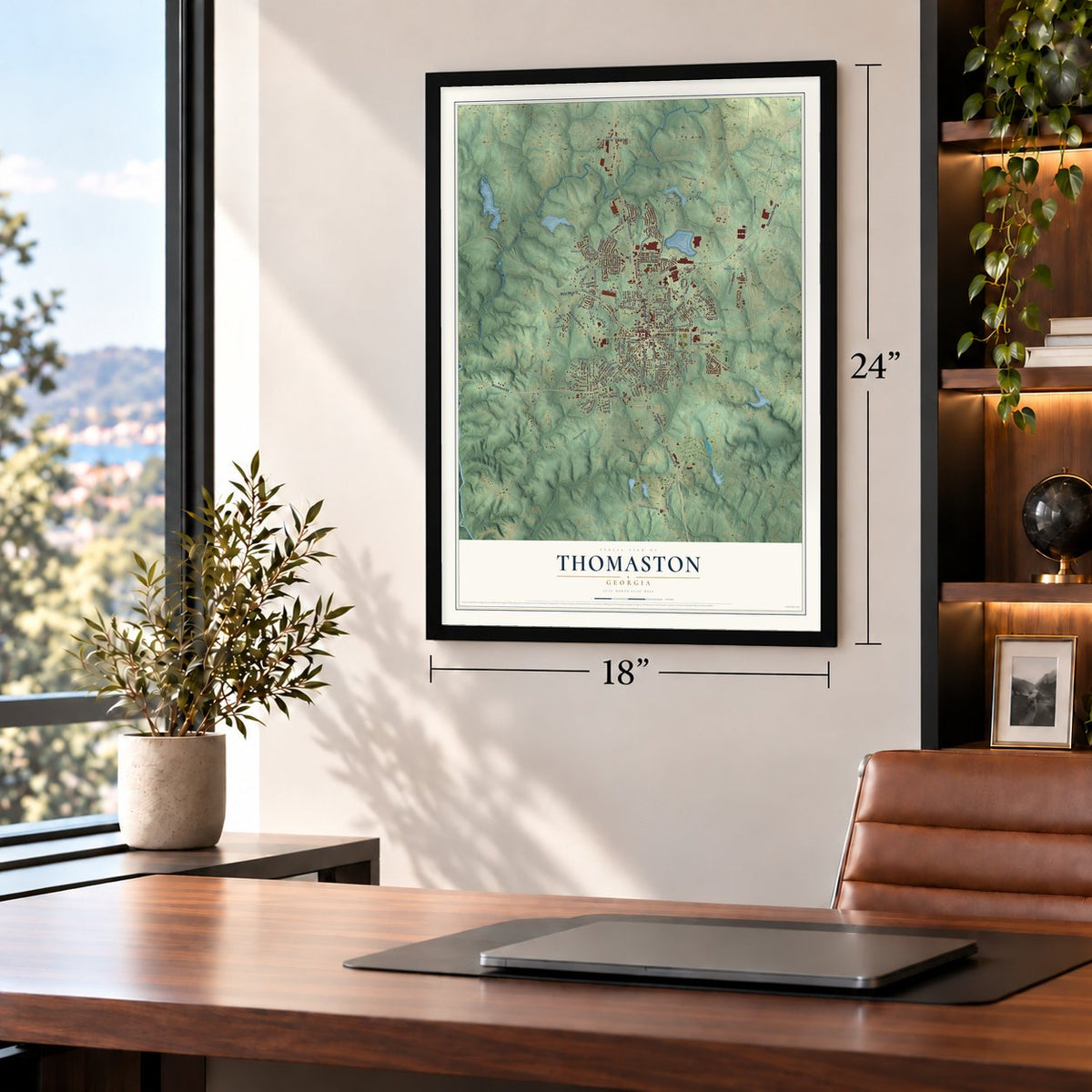 Thomaston, Georgia map, 18 x 24 inch print in a black frame in a home office