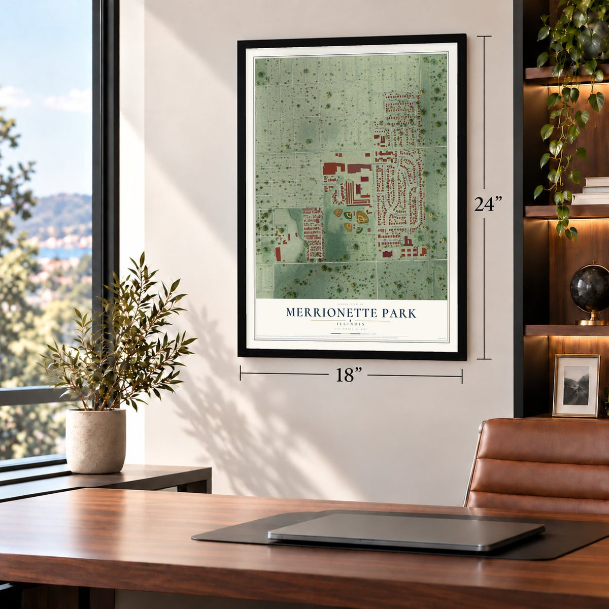 Merrionette Park, Illinois map, 18 x 24 inch print in a black frame in a home office