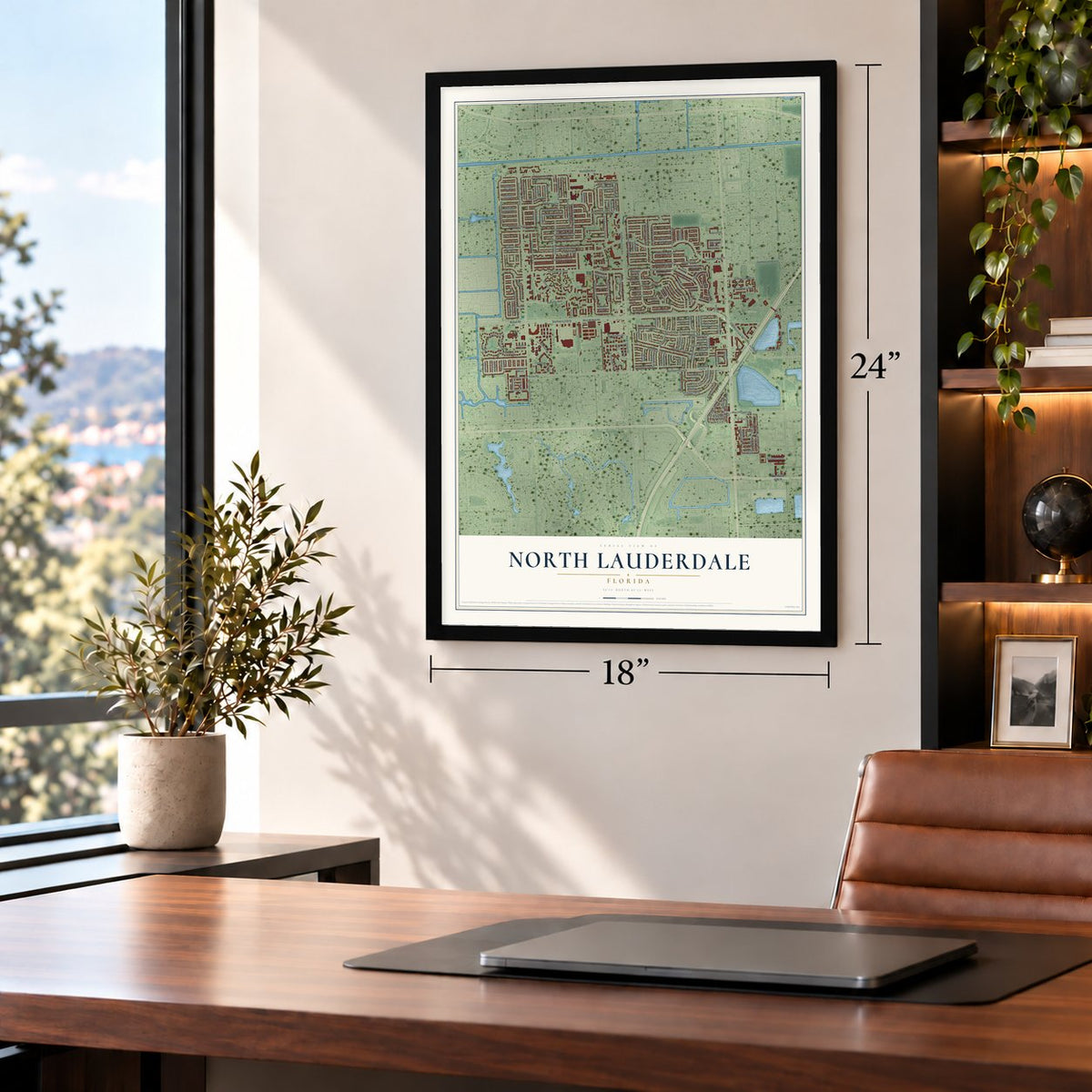North Lauderdale, Florida map, 18 x 24 inch print in a black frame in a home office