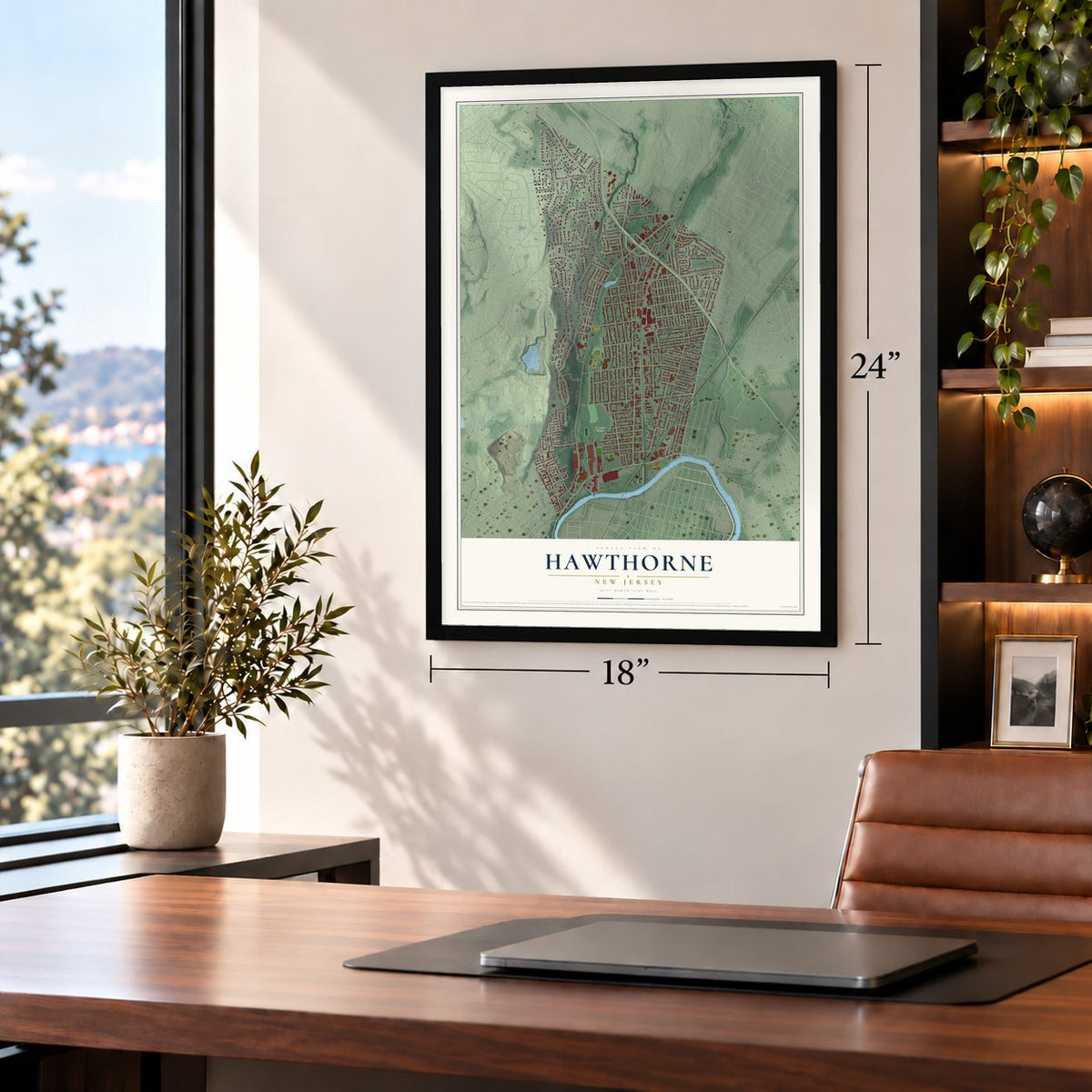 Hawthorne, New Jersey map, 18 x 24 inch print in a black frame in a home office