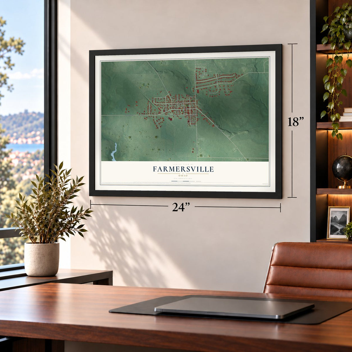 Farmersville, Ohio map, 18 x 24 inch print in a black frame in a home office