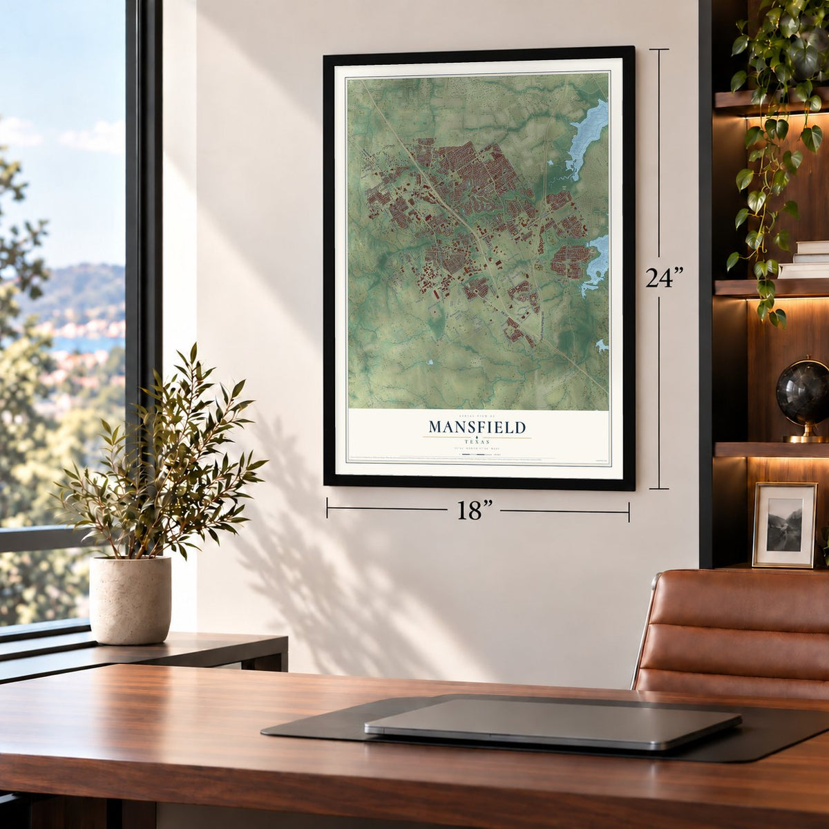 Mansfield, Texas map, 18 x 24 inch print in a black frame in a home office