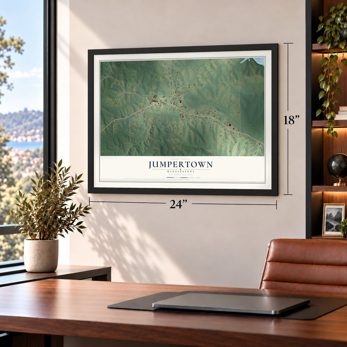 Jumpertown, Mississippi map, 18 x 24 inch print in a black frame in a home office