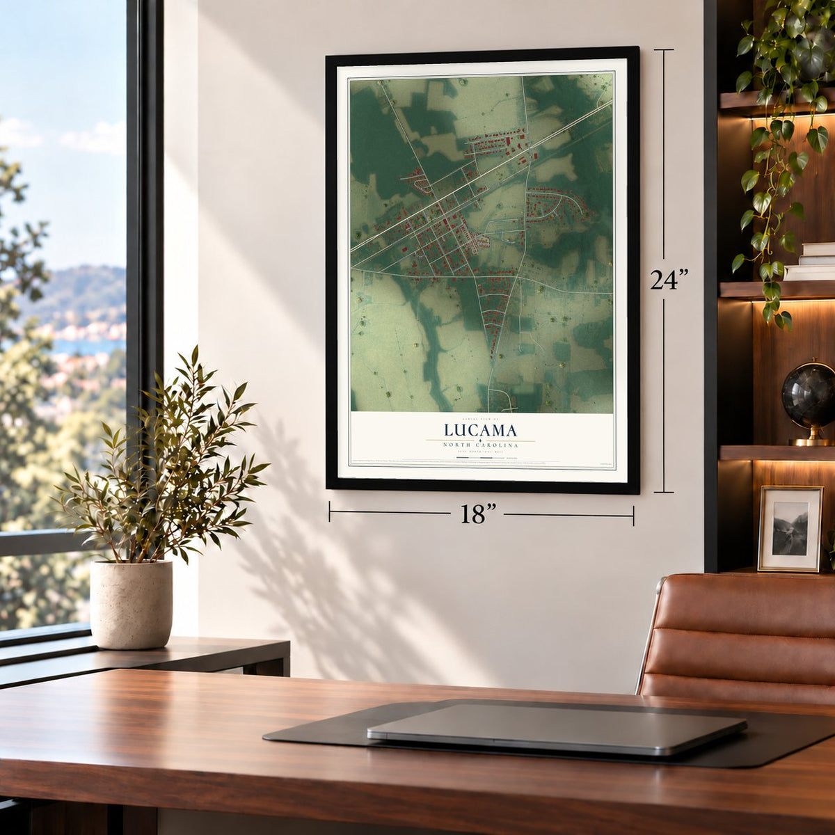 Lucama, North Carolina map, 18 x 24 inch print in a black frame in a home office