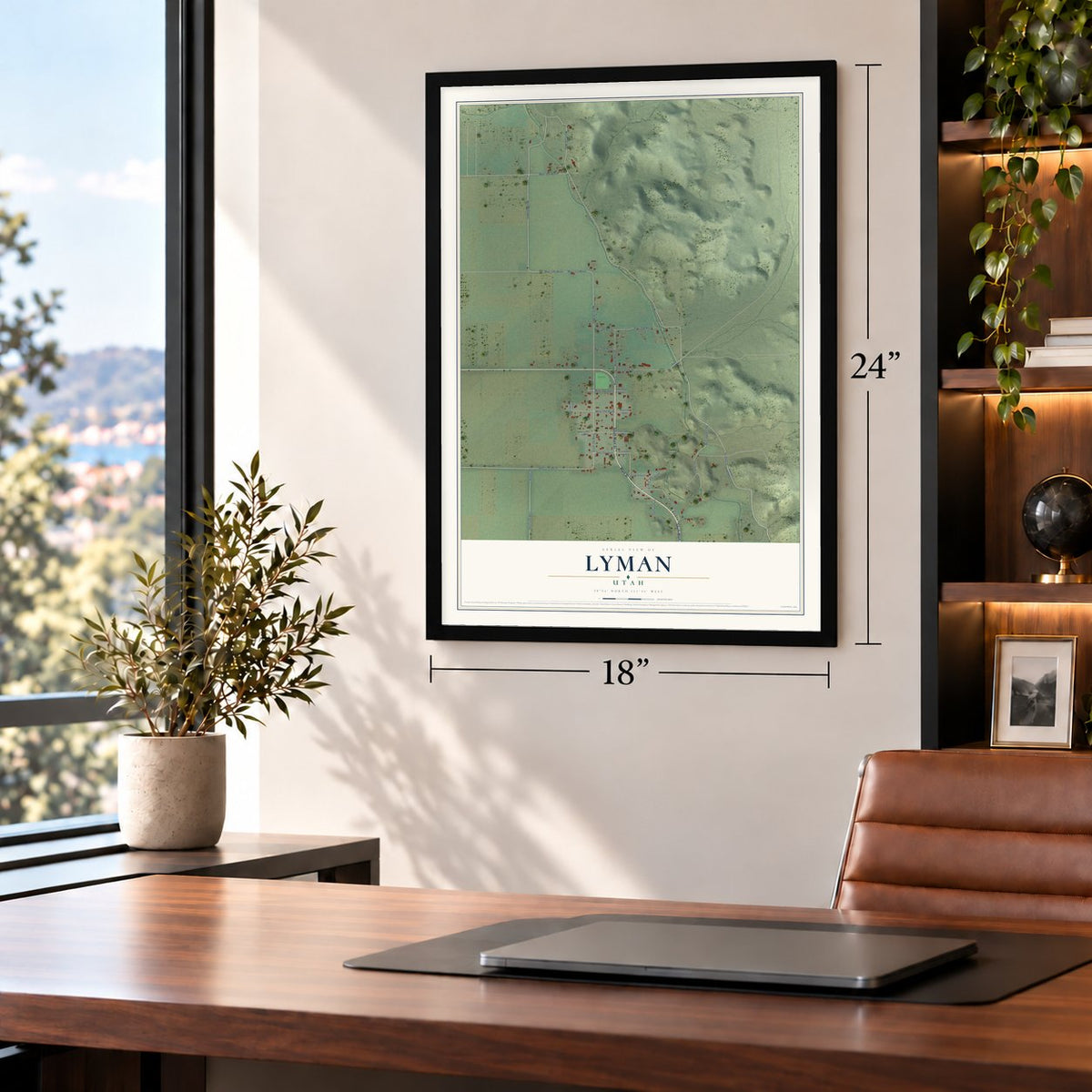 Lyman, Utah map, 18 x 24 inch print in a black frame in a home office
