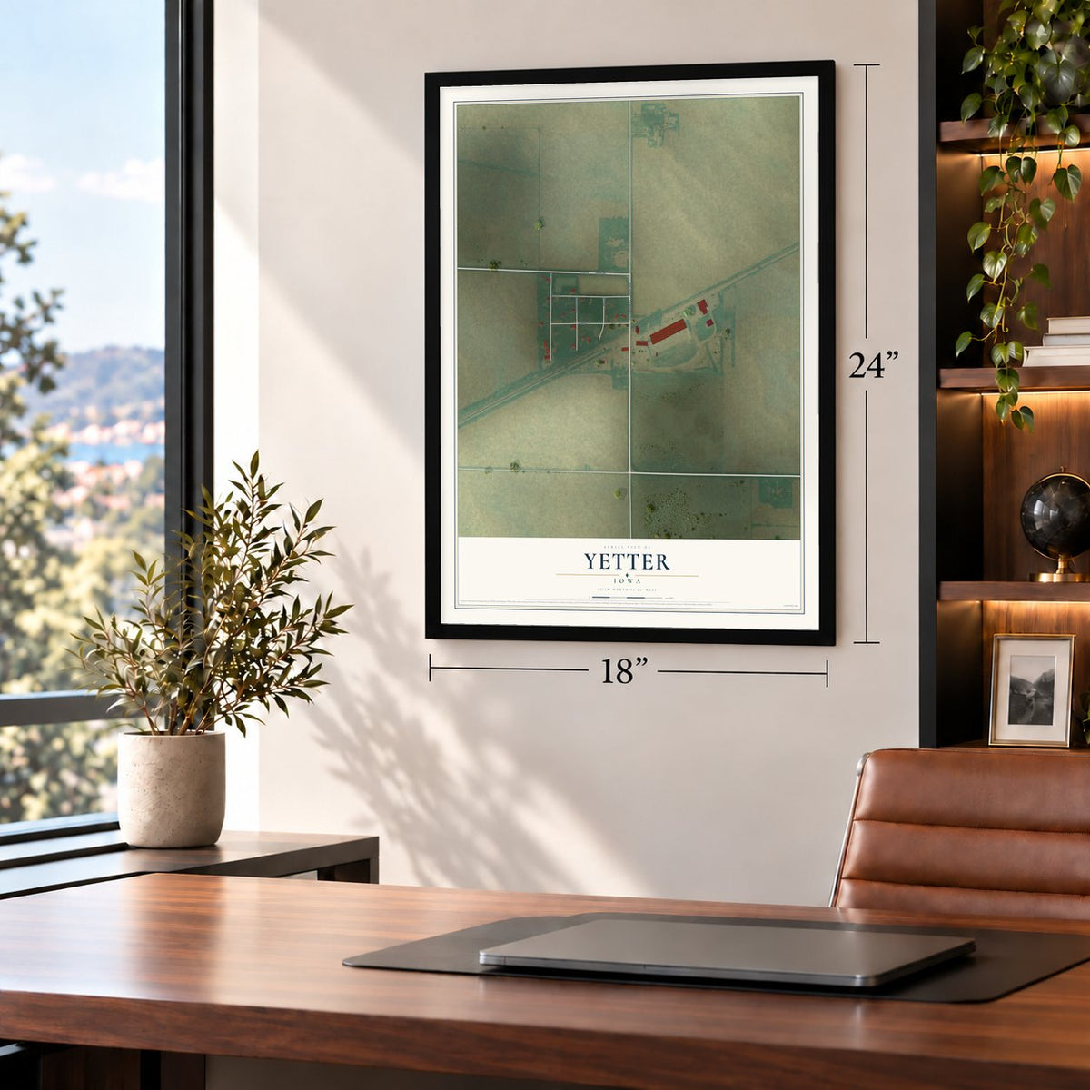 Yetter, Iowa map, 18 x 24 inch print in a black frame in a home office