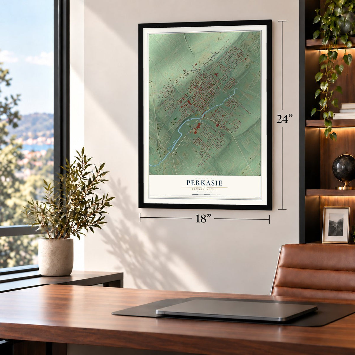 Perkasie, Pennsylvania map, 18 x 24 inch print in a black frame in a home office
