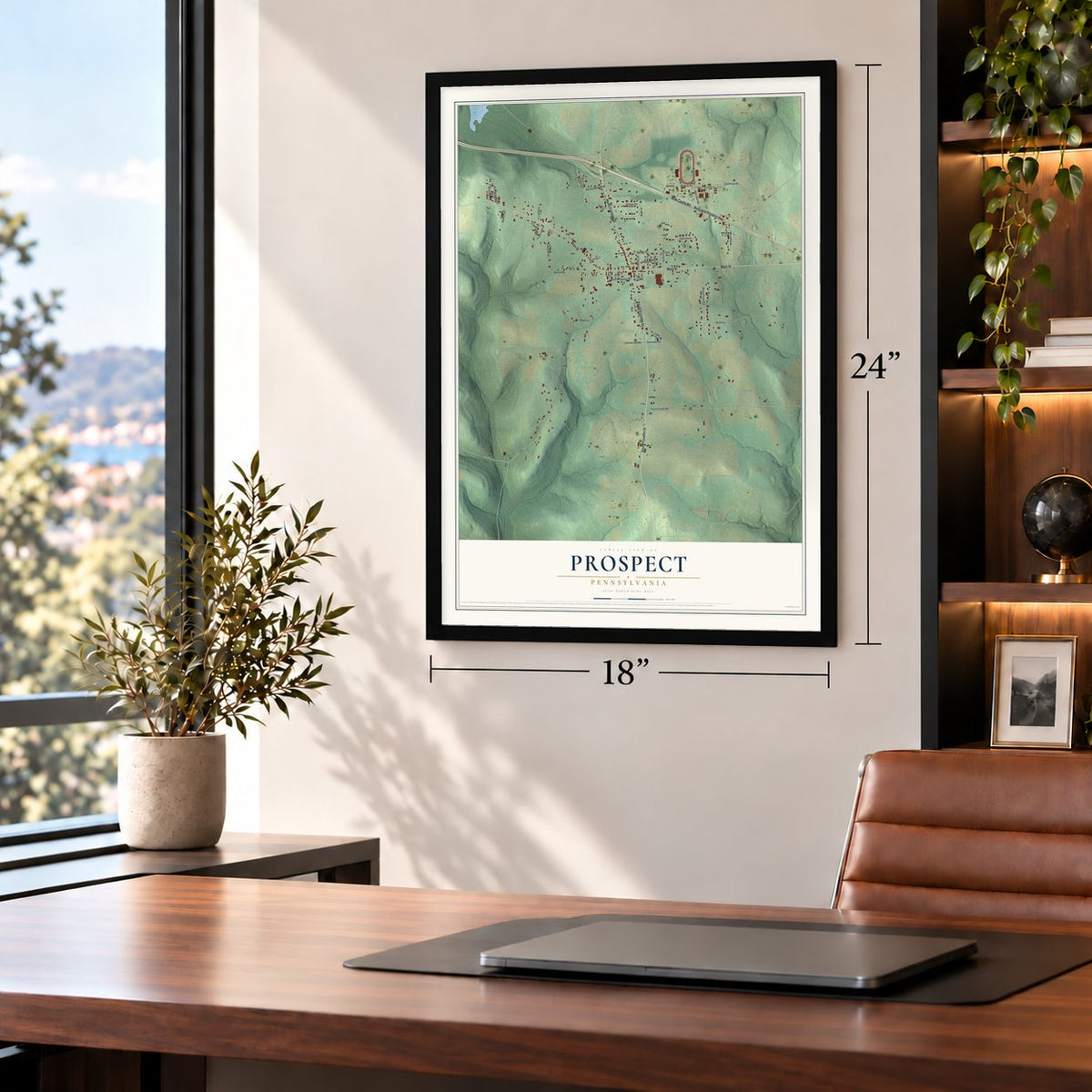 Prospect, Pennsylvania map, 18 x 24 inch print in a black frame in a home office