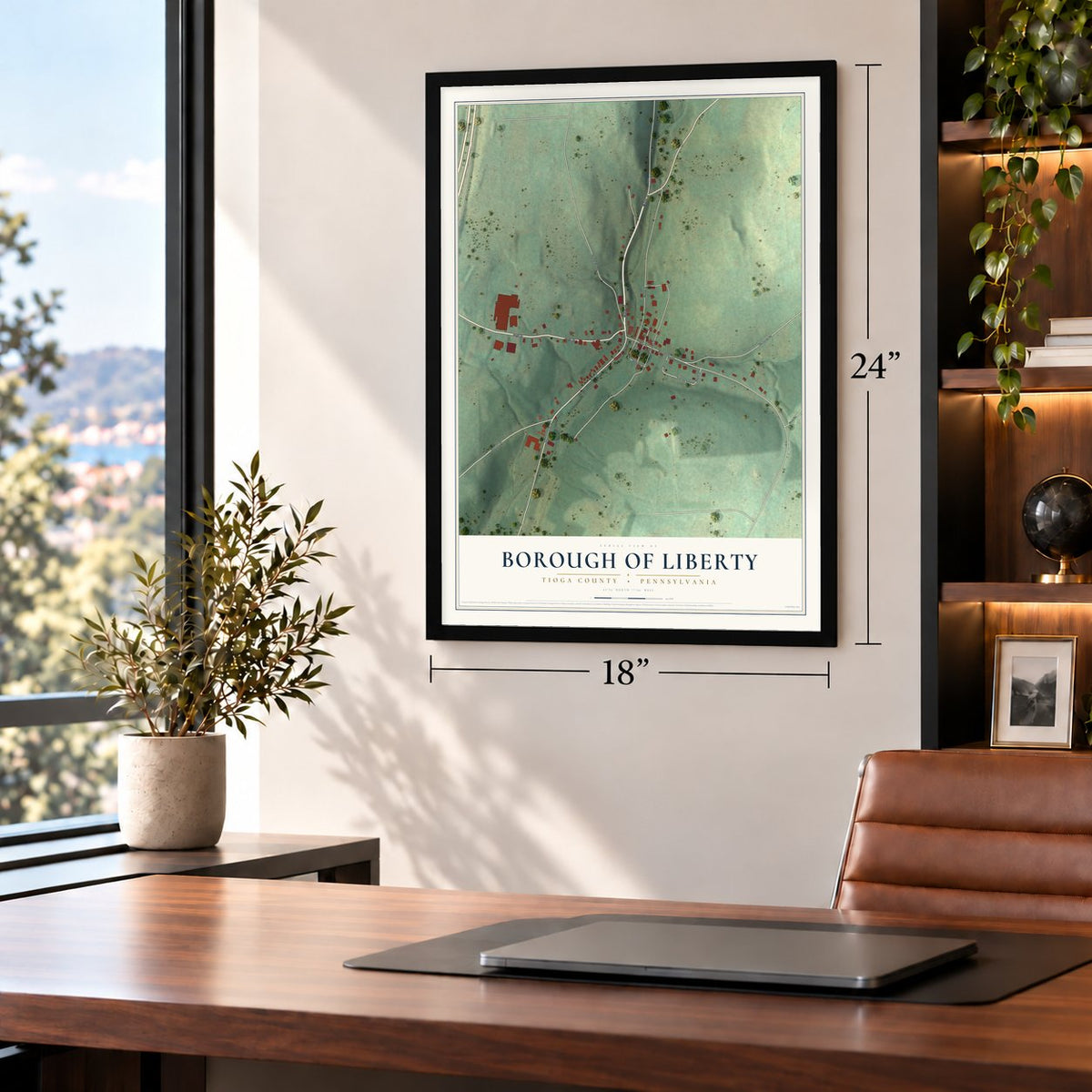 Borough of Liberty, Tioga County, Pennsylvania map, 18 x 24 inch print in a black frame in a home office