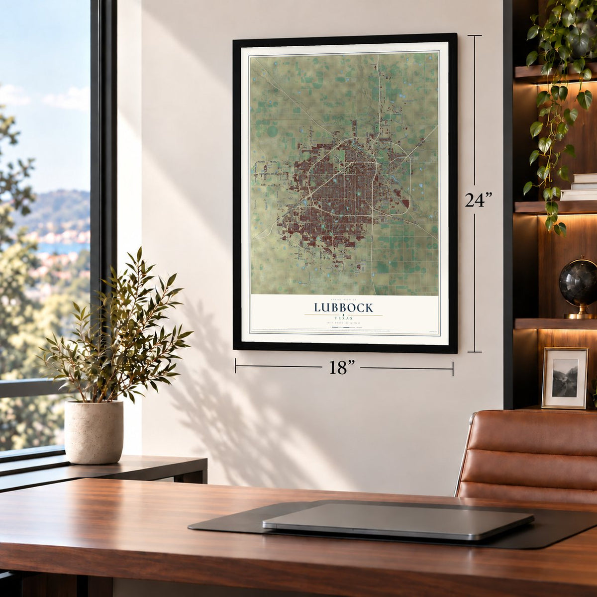 Lubbock, Texas map, 18 x 24 inch print in a black frame in a home office