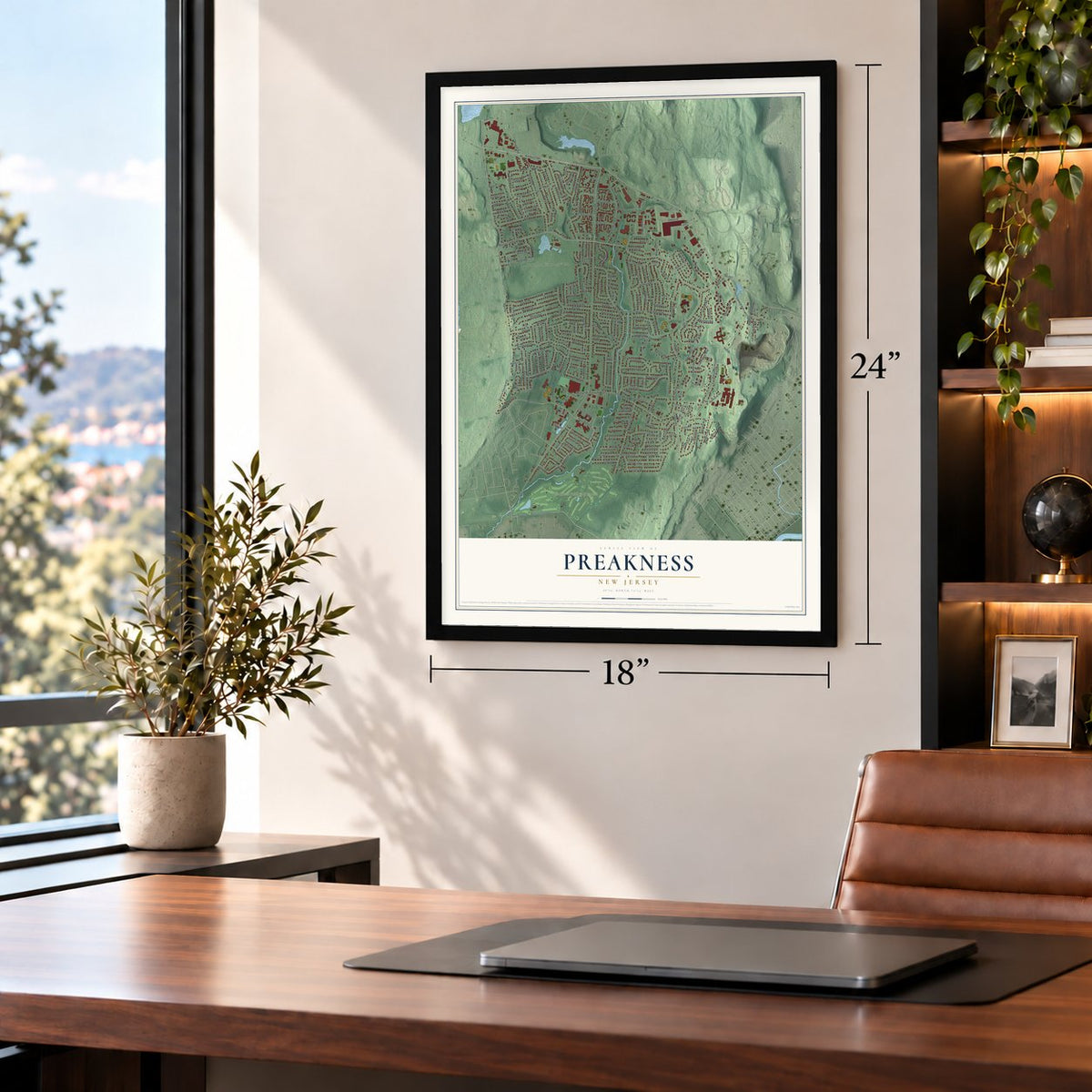 Preakness, New Jersey map, 18 x 24 inch print in a black frame in a home office