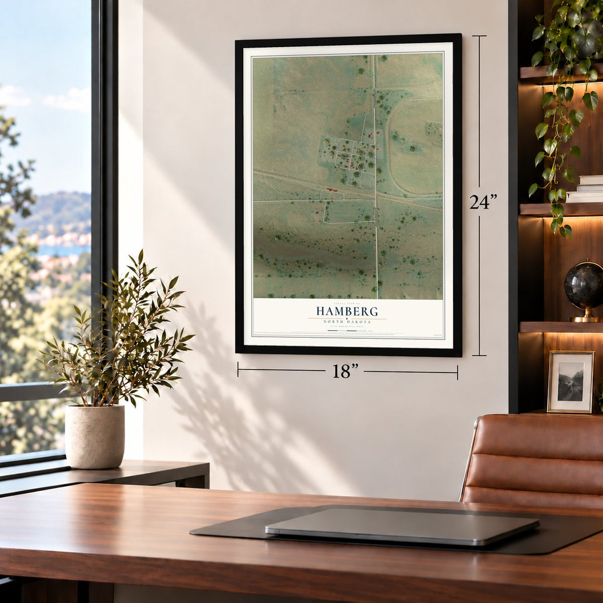 Hamberg, North Dakota map, 18 x 24 inch print in a black frame in a home office