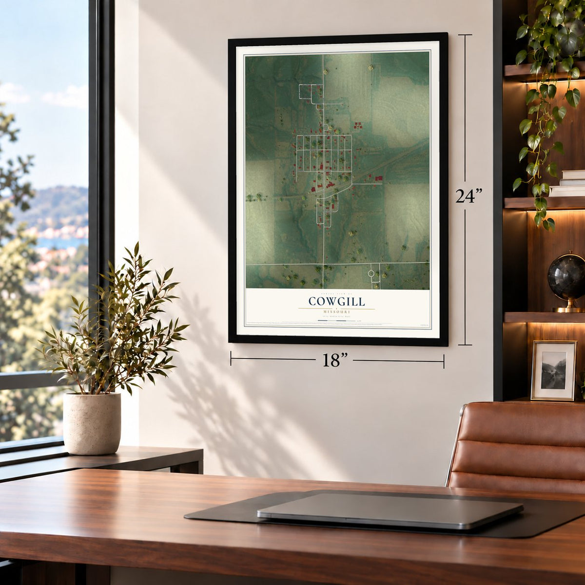 Cowgill, Missouri map, 18 x 24 inch print in a black frame in a home office