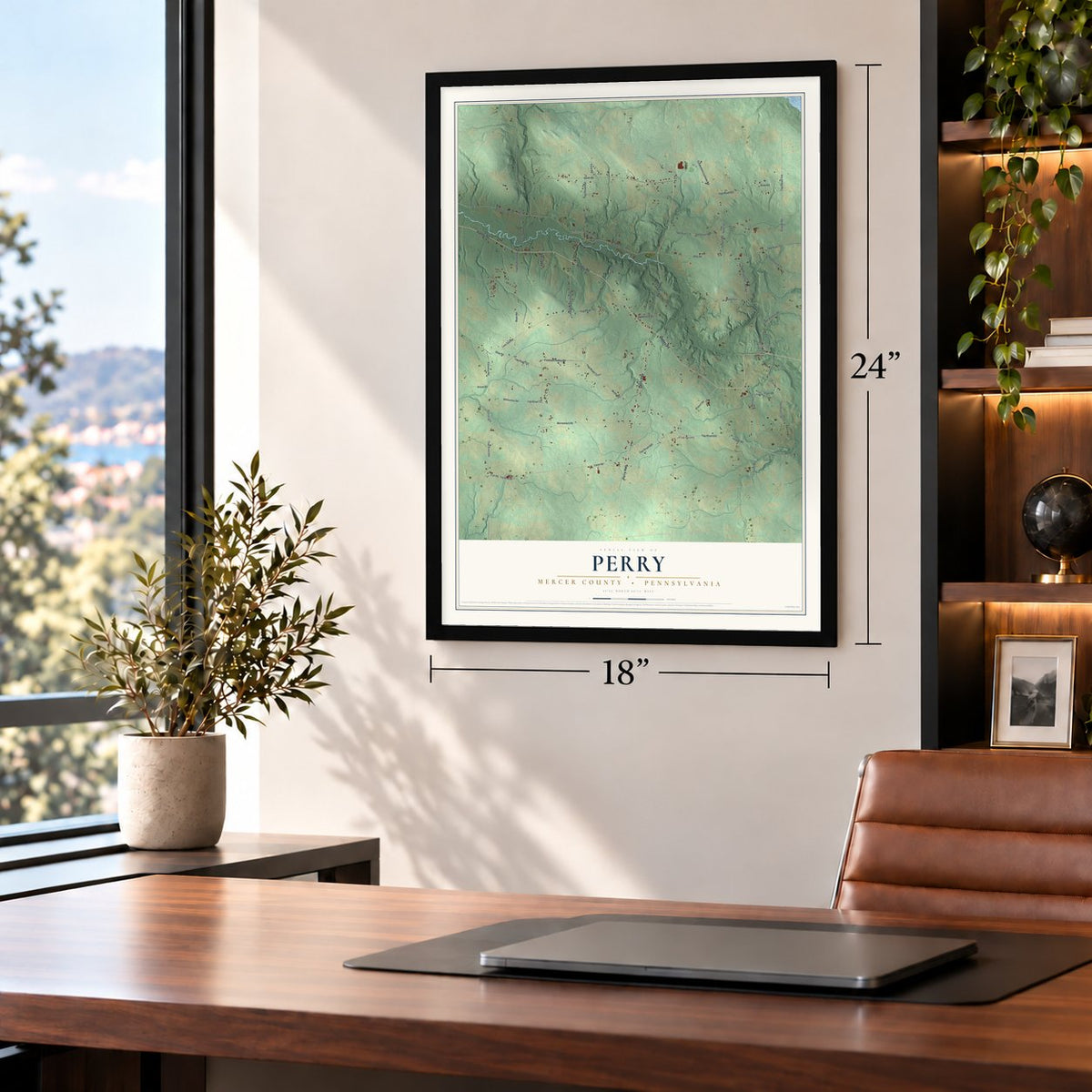 Perry, Mercer County, Pennsylvania map, 18 x 24 inch print in a black frame in a home office