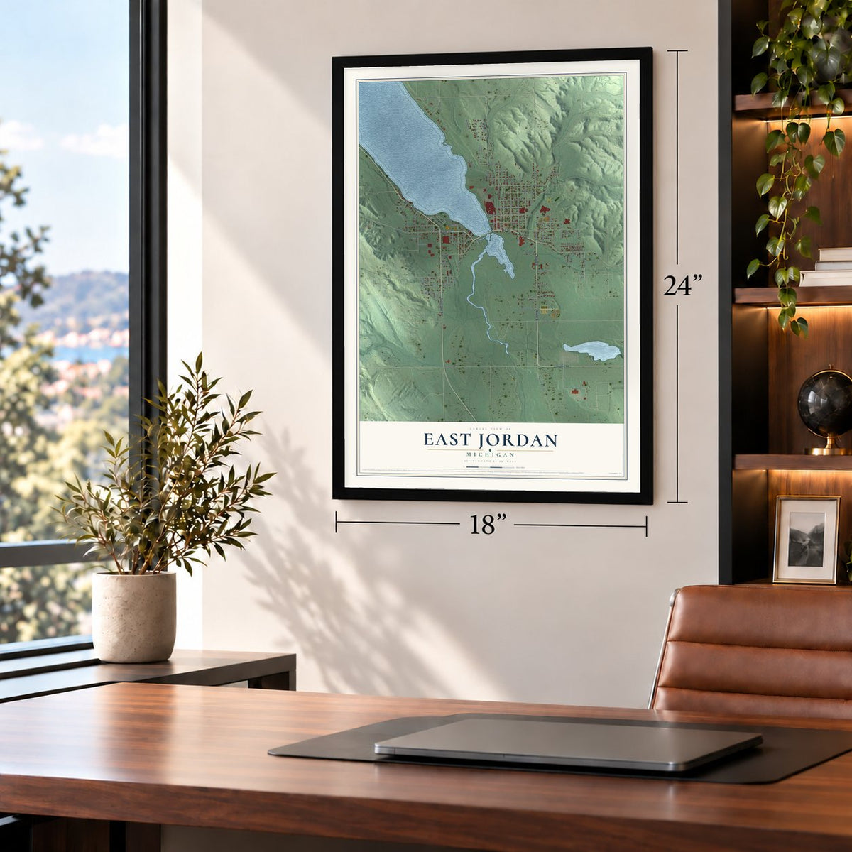 East Jordan, Michigan map, 18 x 24 inch print in a black frame in a home office