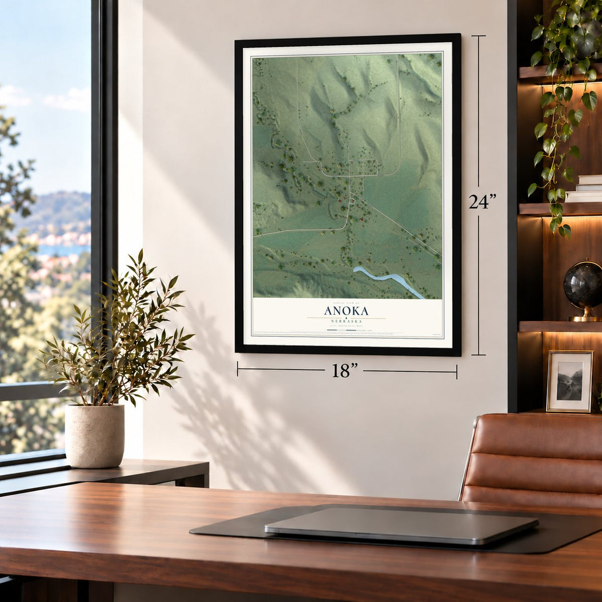 Anoka, Nebraska map, 18 x 24 inch print in a black frame in a home office