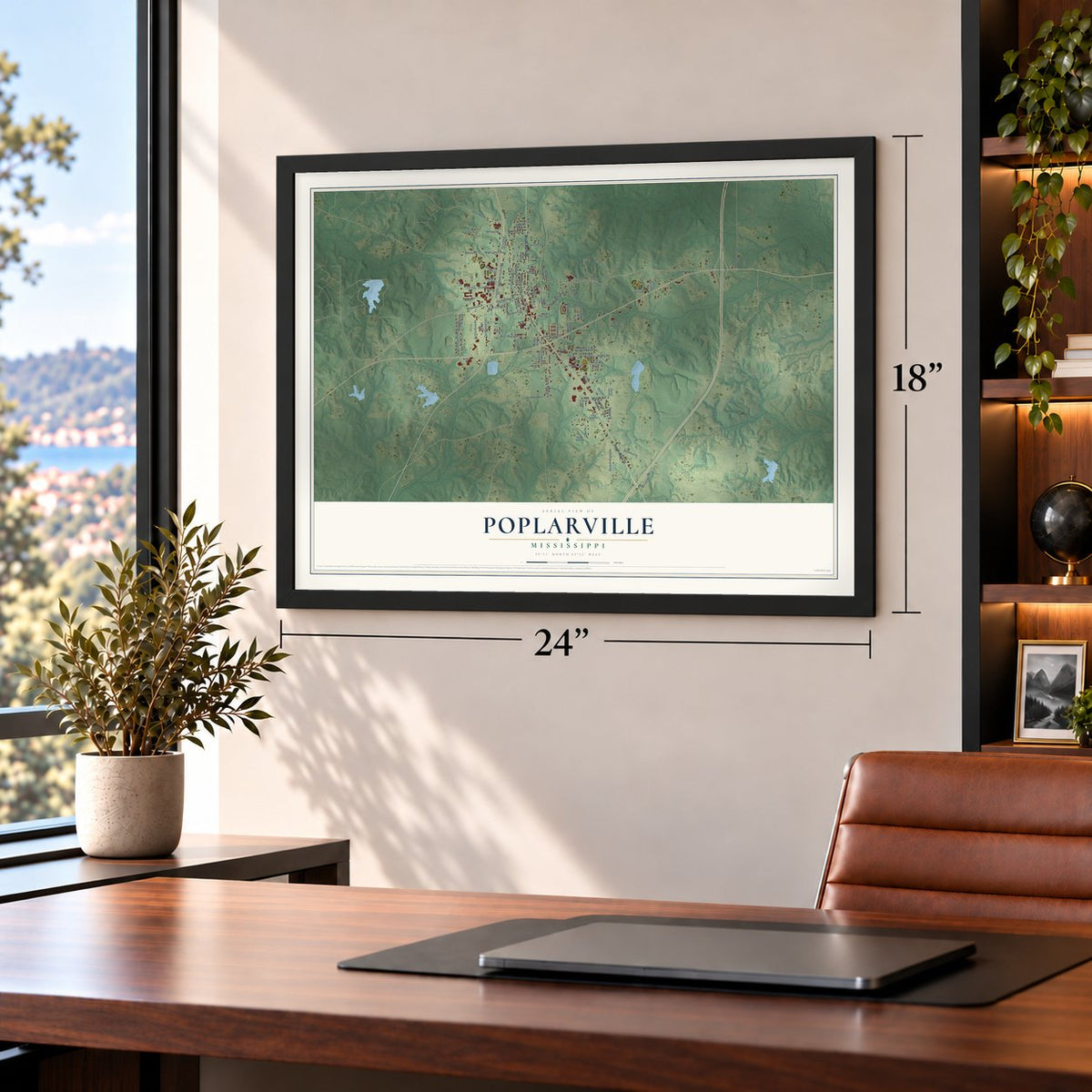Poplarville, Mississippi map, 18 x 24 inch print in a black frame in a home office
