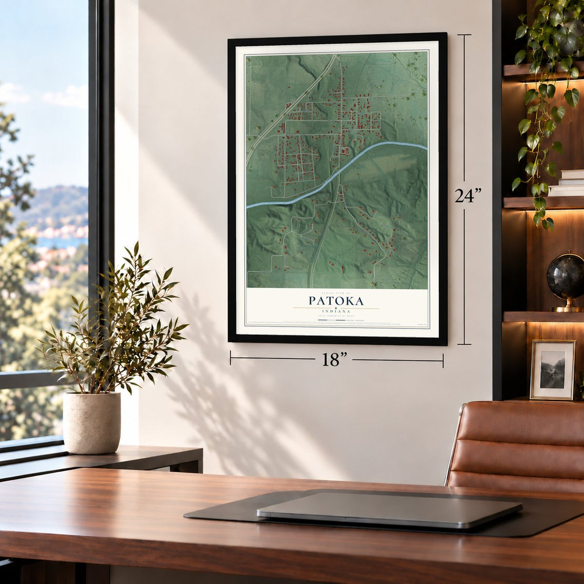 Patoka, Indiana map, 18 x 24 inch print in a black frame in a home office