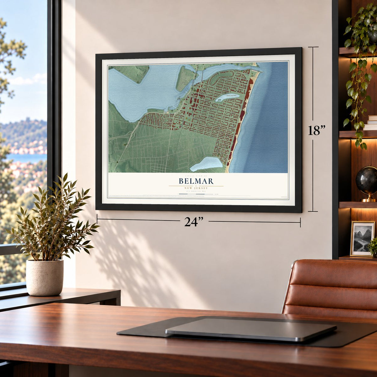 Belmar, New Jersey map, 18 x 24 inch print in a black frame in a home office