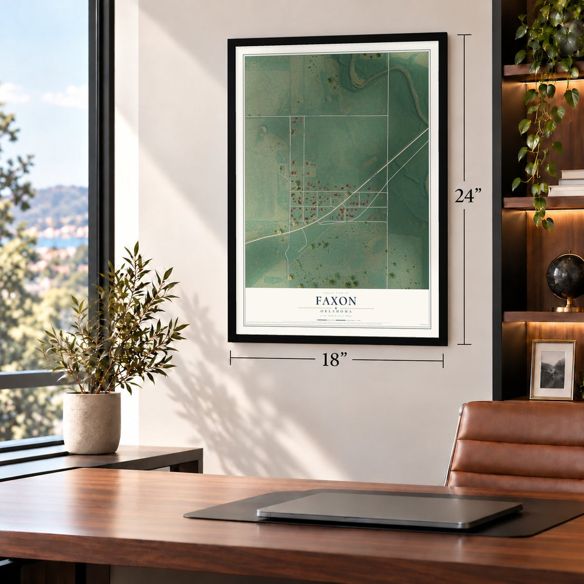 Faxon, Oklahoma map, 18 x 24 inch print in a black frame in a home office