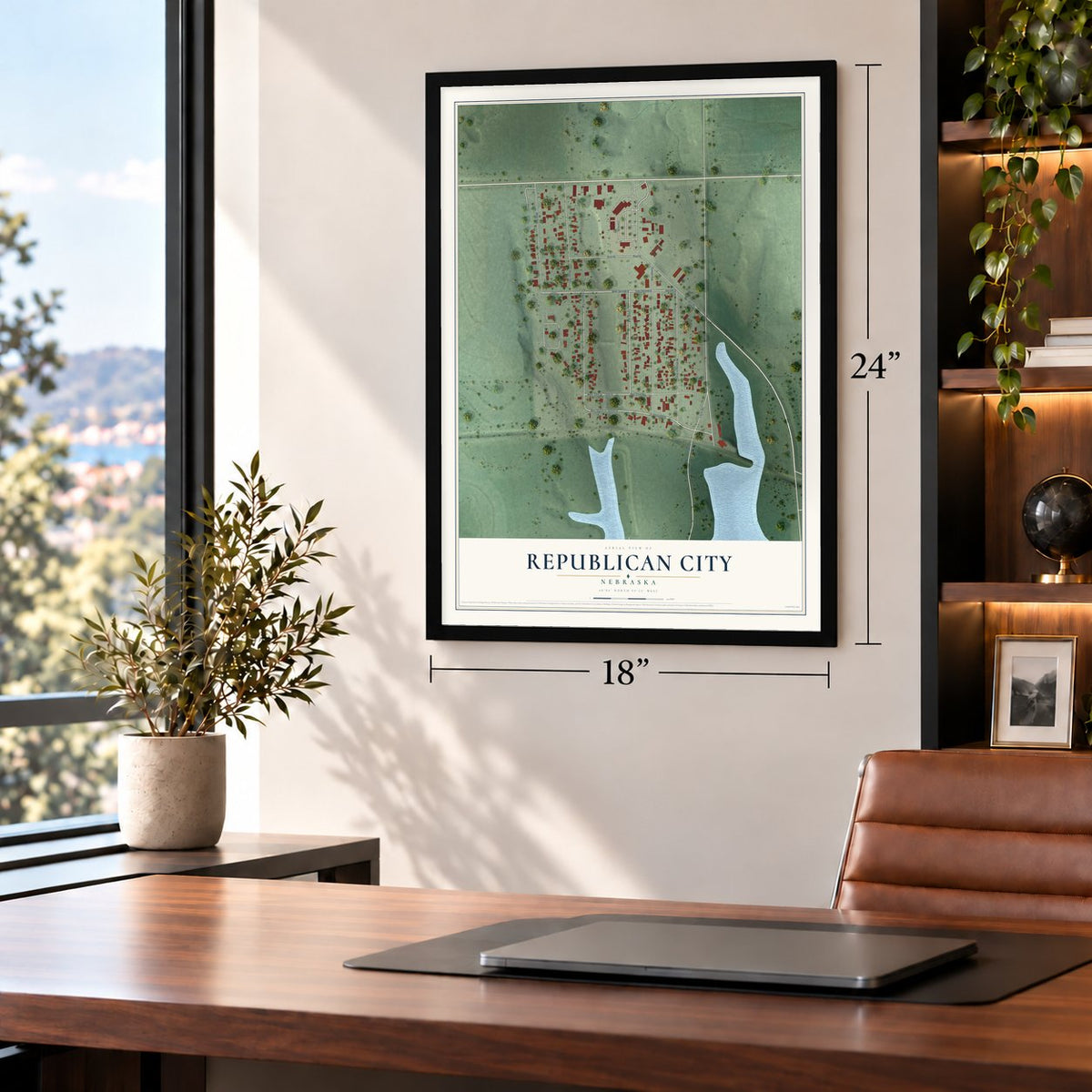 Republican City, Nebraska map, 18 x 24 inch print in a black frame in a home office
