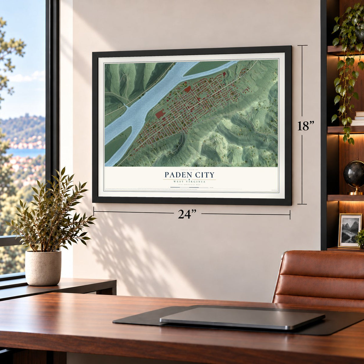 Paden City, West Virginia map, 18 x 24 inch print in a black frame in a home office