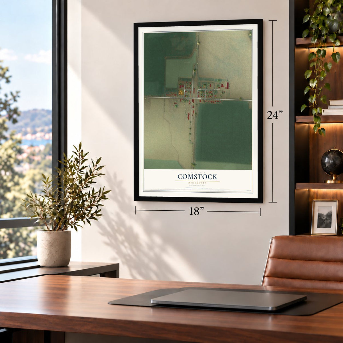 Comstock, Minnesota map, 18 x 24 inch print in a black frame in a home office
